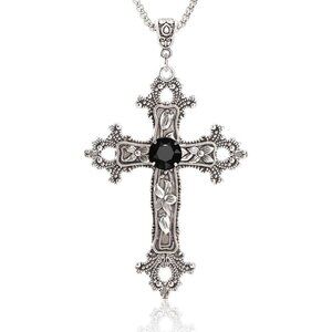 Big Silver Gothic Cross Necklace Glass Stone Pendant on Steel Chain Halloween